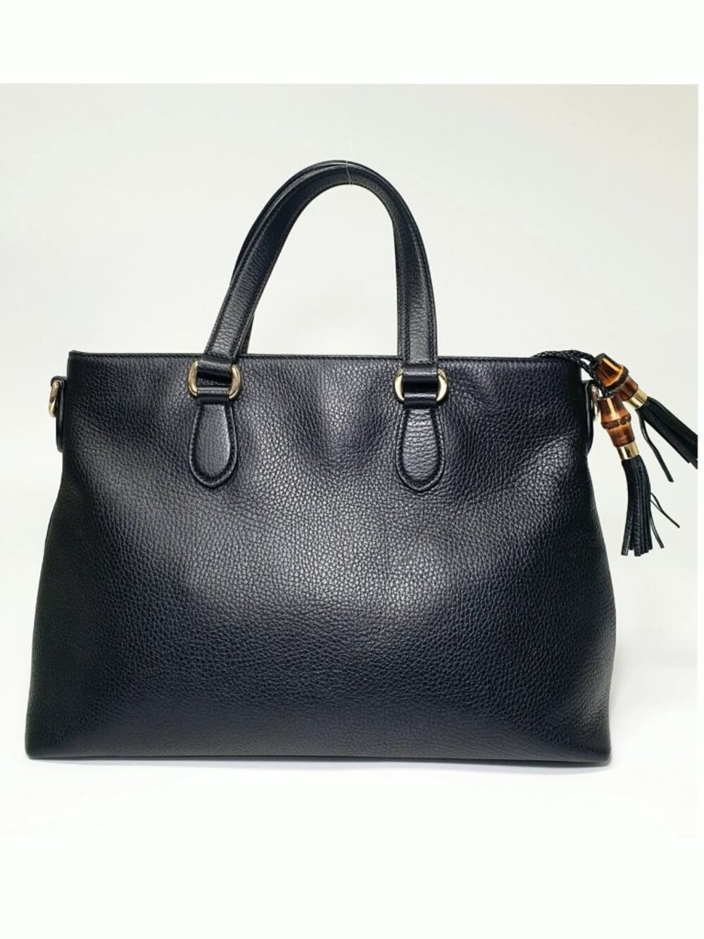 Authentic Gucci Black Leather Tote Bag Bamboo Tassel Crossbody Satchel Gold Hard - Picture 3 of 12